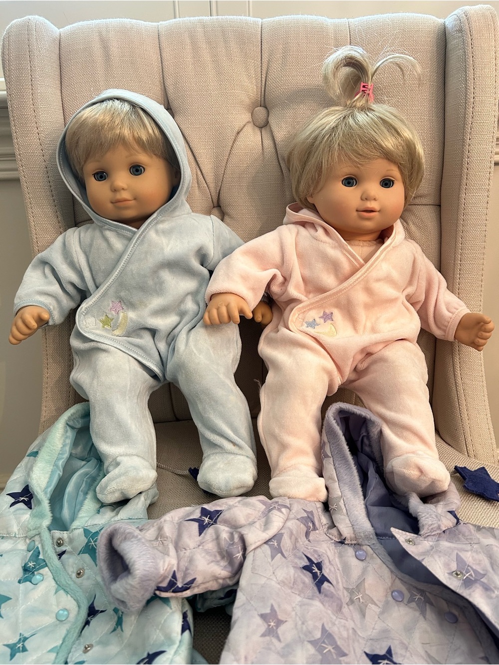 Set of Two Plush Baby Dolls in Blue and Pink Hooded Pajamas